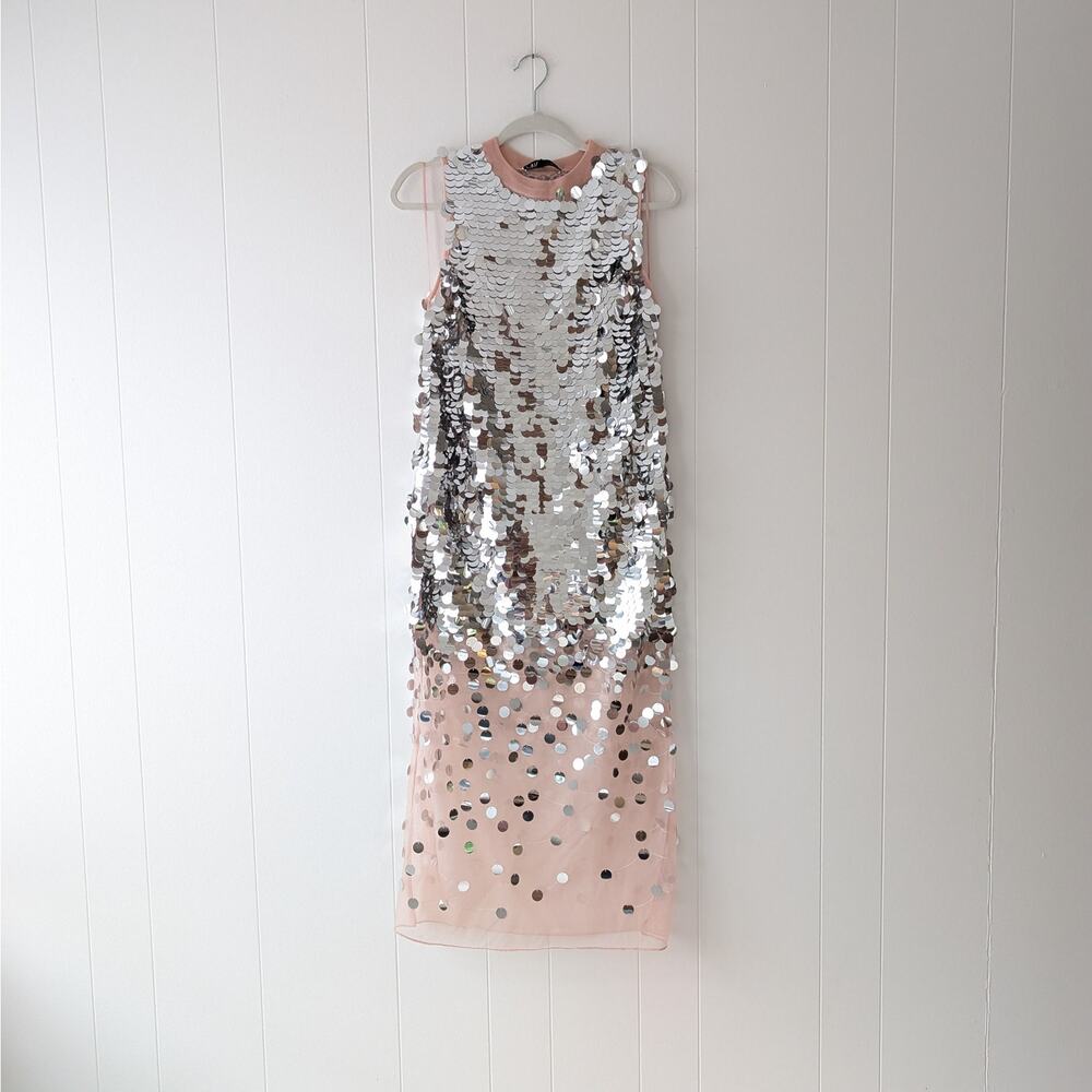 NWT Zara Disco Silver Sequin Tulle Midi Dress, size S